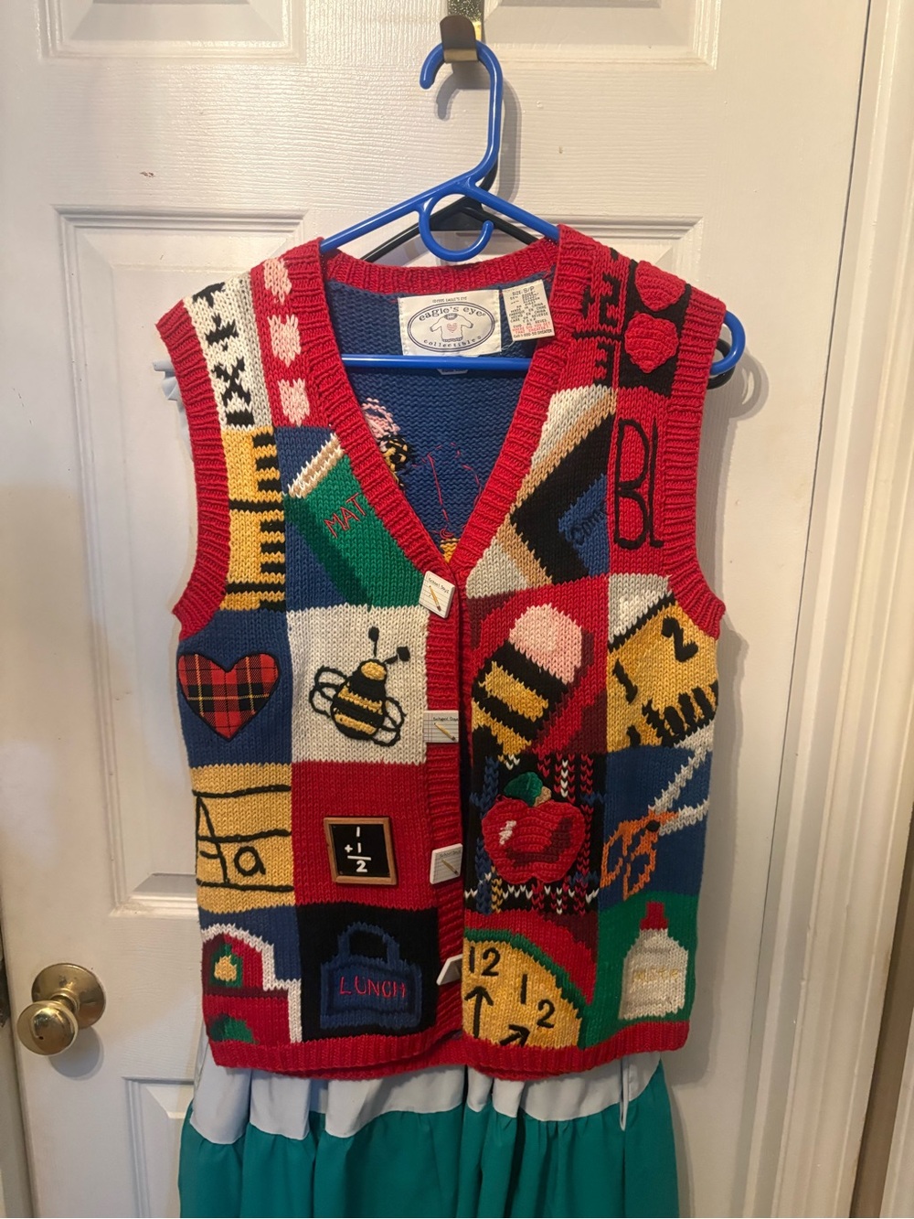 Novelty Patchwork Knit Vest with Red Trim